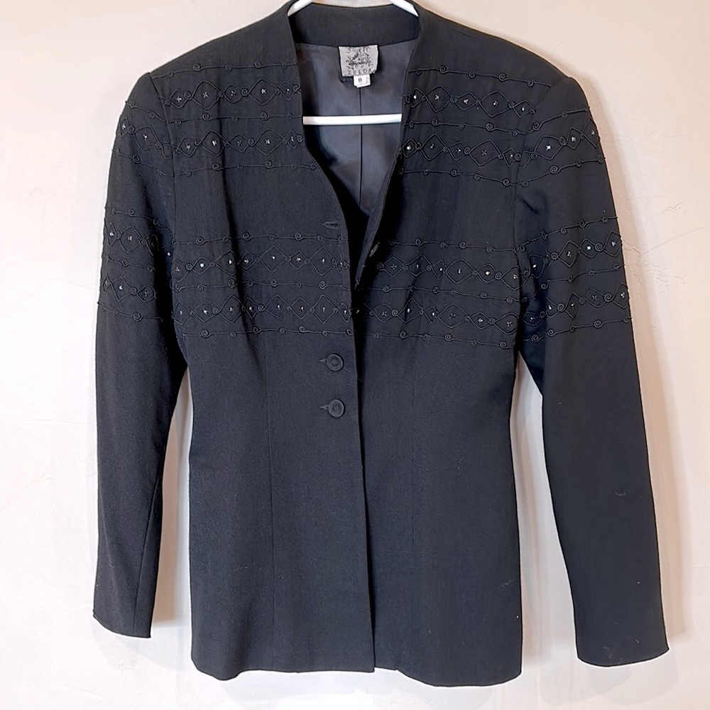 Vintage Zelda black blazer embroidery lined crystals fitted waist 100% Wool Sz 8